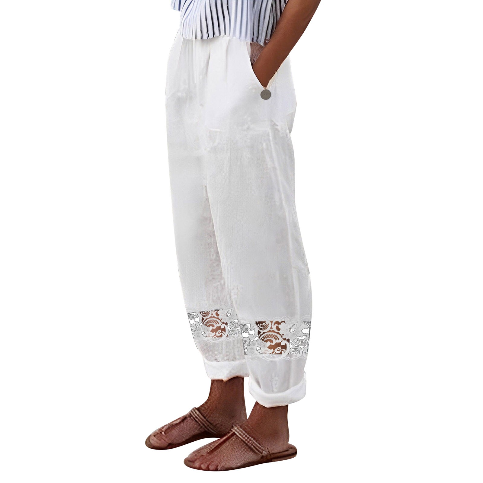 thumbnail image 2 of Pantalones cortos bordados de algodón y lino para mujer: pantalones anchos con cintura elástica, ropa informal de oficina para el verano, 2 of 2